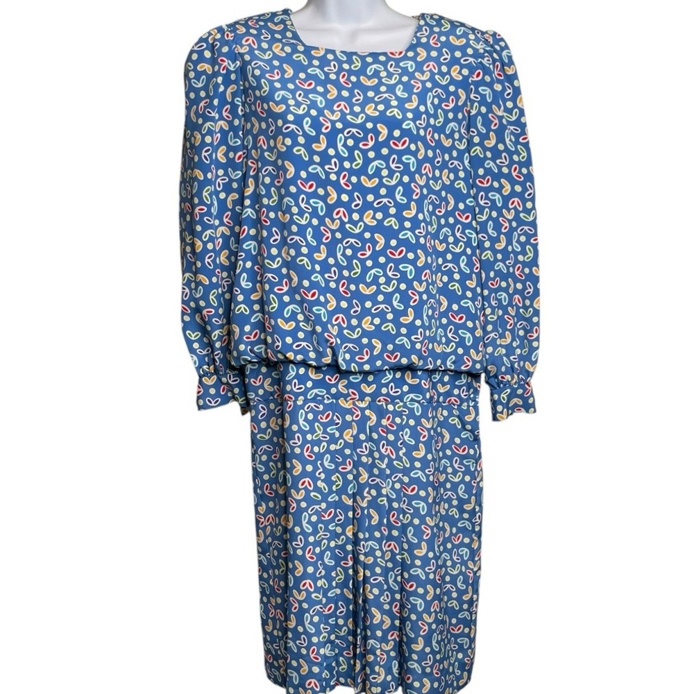 VTG 80s CIAO LTD Women's Blue Floral Abstract Midi Blouson Dress Est. Sz M
